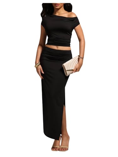 Milumia Women's 2 Piece Set Ruched Asymmetrical Neck Top and