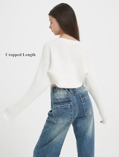 EXARUS Girls Open Front Cropped Half Cardigan Knit Ribbed Teen Bolero Shrug Batwing Long Sleeve Sweater Casual 8-14Y3