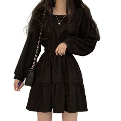 Robe col carré vintage pour femme, mini jupe ligne A noire en taille M