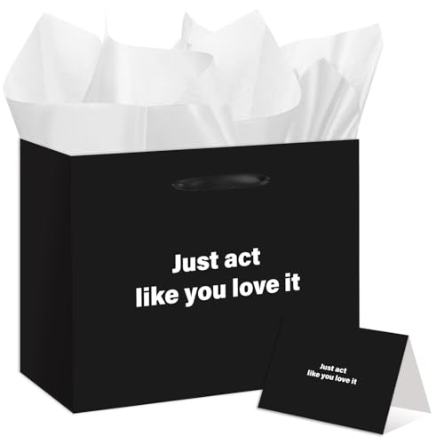 EIGHTSTATES Black Funny Gift Bag Set - Just Act Like You Love It Paper Gift Bags with Card & Tissue Paper - Funny Adult Gift Wrap for Men/Women - Valentines Christmas & Birthday retirement party