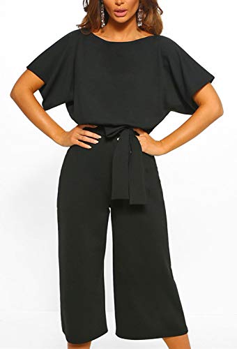Chartou Women'S Short Sleeve Bow Tie Wide Leg Cropped Capri Romper Palazzo Pants Jumpsuit  thumb #1