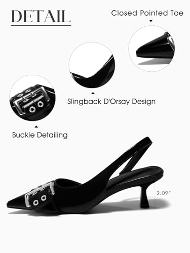 PiePieBuy Womens Slingback Kitten Low Heels Closed Pointed Toe Pumps D’Orsay Buckle Studded Dress Shoes3