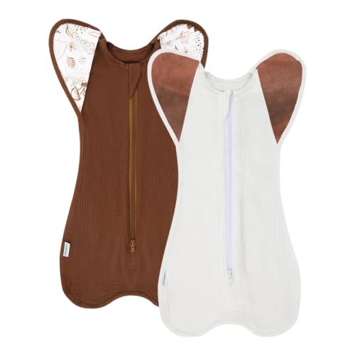 Image of Muslin Cotton Transition Swaddle Sack with 2-Way Zipper, Self-Soothing Sleep Sack with Arms up,2 Pack (Brown&White, 3-6 Months)