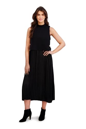 London Times - Mock Neck Sleeveless Midi Dress with Pleated Skirt - Elegant Wedding Guest Dresses - Medium Black/Black