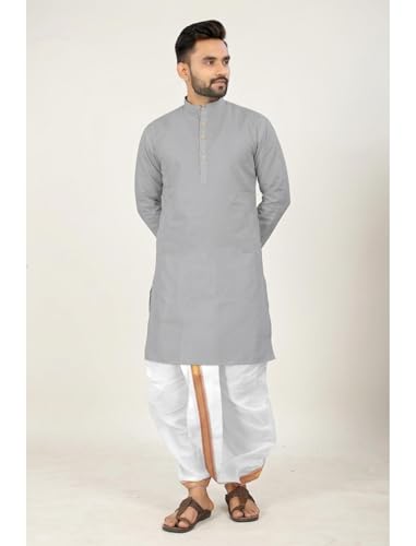 Image of UNIQUE MOMENTS Men's Cotton Dhoti Kurta Set with Full Sleeves Solid Pattern Modern Style and Mandarin Collar Neck | Perfect for Puja & Celebrations