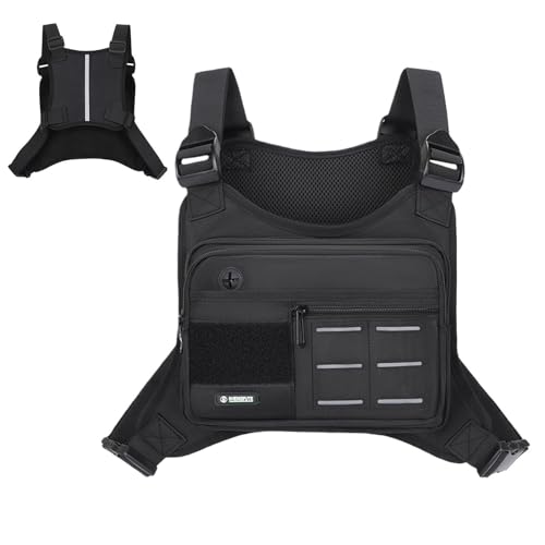 Bolsa de pecho para hombre con chaleco ajustable y riñonera para moto negra