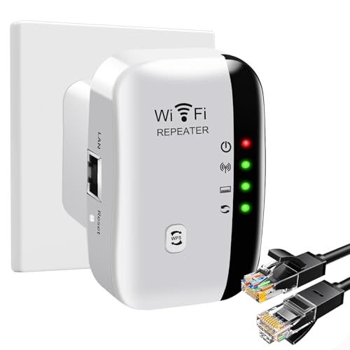 Repeteur WiFi 2.4 GHz, Amplificateur Wi-FI 300Mbp/s 360° Couverture, Repeteur WiFi Puissant avec Port Ethernet et Câble RJ-45 Compatible avec Tous Wi-FI...