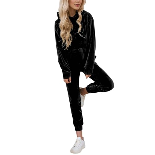 Survêtement pour femme jogging en velours avec sweat à capuche couleur unie