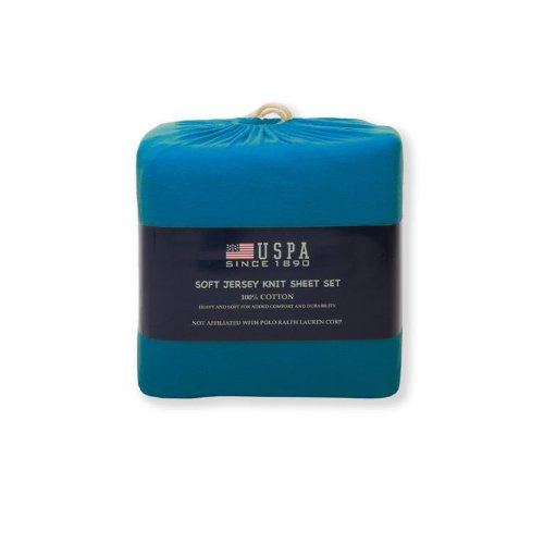 U.S. Polo Assn. Solid Jersey Cotton Sheet Set, Queen, Aqua Sea
