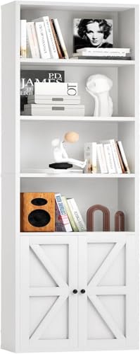 oneinmil Bücherregal, Bücherregal Weiß mit 2 Türen aus Holz, Bücherschrank Hoch mit 6 Ebenen, Küchenschrank, Standregal, für Wohnzimmer, Schlafzimmer, Büro, Arbeitszimmer