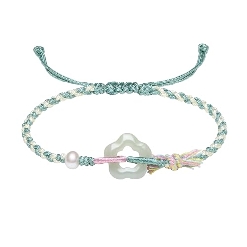 Green Jade Bracelet Flower Charm Freshwater Pearl Bead Adjustable Green Braided Bracelets Natural Gemstone Real Jade Bracelet for Women Wife Lady 6.3-8.7
