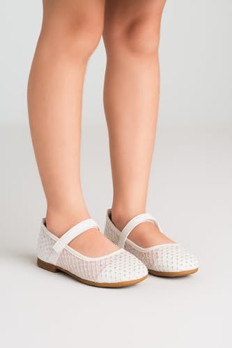 Girls Ivory Mesh Mary Jane Flats Studded Ballet Pumps Hook-and-Loop Strap Shoes4