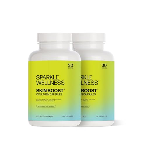 Sparkle Wellness Skin Boost Collagen Capsules (2-Pack of 180 Pills) | 60 Days of 2500mg VERISOL Collagen Peptides & Vitamin C | Improves Skin Elasticity & Strengthens Hair & Nails