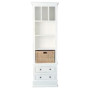Sunset Trading Cottage 79 Tall Storage Cabinet Fully Assembled Freestanding 14 Narrow Bookshelf 6 Shelves 2 Drawers Rattan Basket Distressed White Solid Mahogany Wood