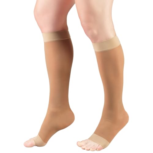 Image of Truform Sheer Compression Stockings, 8-15 mmHg, Women's Open Toe, Knee High Length, 20 Denier, Beige, Medium