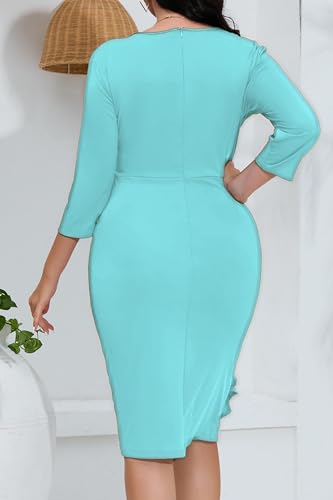 Image of Plus Size Dresses for Curvy Women 3 /4 Sleeve Bodycon Fit Ruffle Midi Pencil Dress