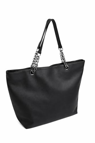 Bolsa Corrente Feminina Grande Couro Ecológico com Zíper, Alça com Corrente e Forro em Cetim Espaçosa, Elegante e Resistente para o uso diario. (Preto)