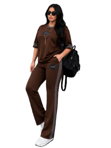 Image of Tracksuit for Women | Casual Brown Loungewear 2 Piece Set | Short Sleeve T Shirt and Wide Leg Pants with Side Stripes | Sports Jogging Co ord Matching Sweatsuit(40-N-1-4)