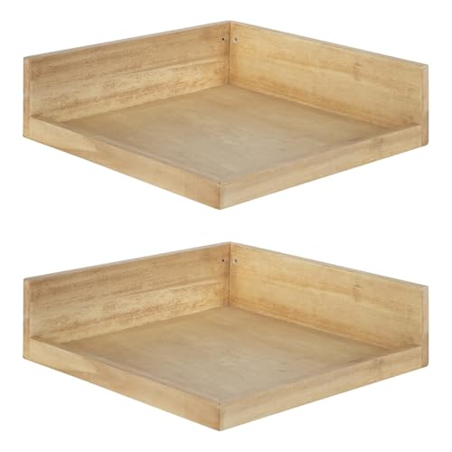 Image of ONIJA Floating Corner Wooden Wall Shelf Set Two Different Different Color Shelf | for Bedroom | Living Room | Hall | Office | Kitchen | Bathroom Shelves (Natural)