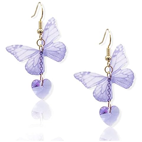 KaFu Bohemia Lightweight Unique Butterfly Wing Earrings Chiffon Fabric Dragonfly Wing Heart Gem Earrings for Women Vacations Gifts (Purple) Cover