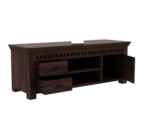 Image of Premium Solid Sheesham Wood TV Unit for Living Room: 2 Drawers, 2 Shelves, and 1-Door Storage - Accommodates up to 50-Inch TV (Lucas, Walnut Finish)