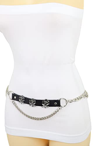 Women Silver Metal Chain Fashion Belt Flower Rose Charms Black Strap Size M L XL3