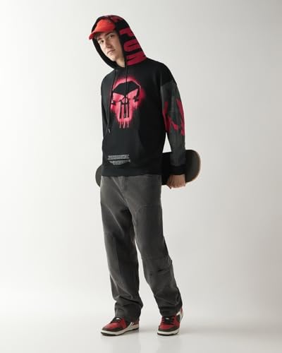 Image of Bewakoof X Marvel Punisher Men's Polycotton Oversized Fit Hoodies | Hoodie for Men Winter Wear