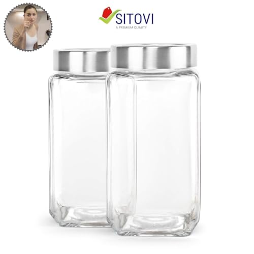 Image of SITOVI Premium Qube Glass Jars - 4 x 1000ml Airtight Containers | Stylish, Stackable, Transparent Kitchen Storage for Dry Fruits, Pulses, Snacks