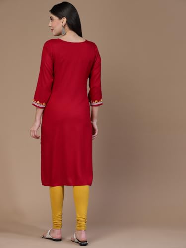 Image of QAZMI Women's Floral Aari Embroidered Viscose Rayon 3 /4 Sleeves Straight Kurta