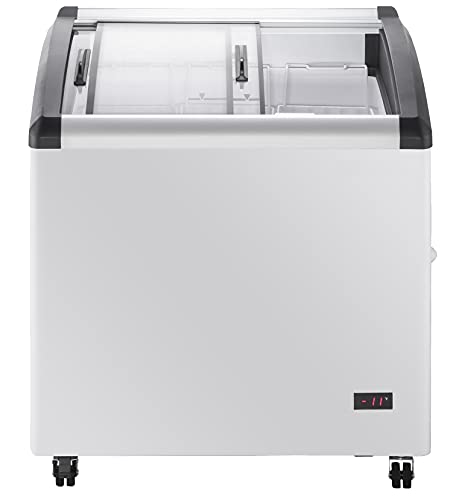 Image of Duura Commercial Mobile Ice Cream Display Chest Freezer Sub Zero Temp Curved Glass Top Frost Free Lid with 3 Wire Baskets, 31.5 Inch Wide 4.87 Cubic Feet, White