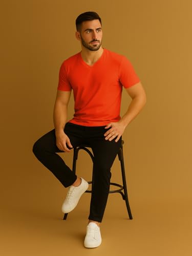 Image of Friskers Men's V-Neck Short Sleeves Cotton T-Shirt - Casual T-Shirt, Regular Fit