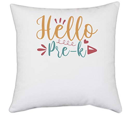 UDNAG White Polyester 'School | Hello pre-k' Pillow Cover [16 Inch X 16 Inch]
