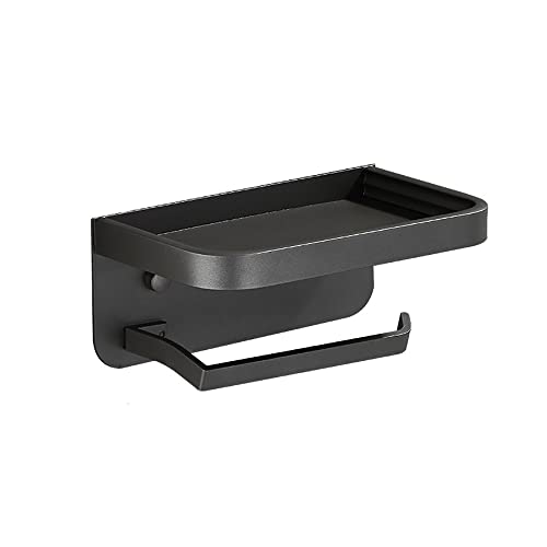 Klobvtt Portarrollos De Papel Higiénico Con Estante, Portarrollos De Papel Higiénico De Aluminio Antióxido Negro Con Estante De Almacenamiento De Teléfono Móvil Para Baño, Autoadhesivo Sin Perforación