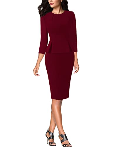 Image of VFSHOW Womens Pleated Crew Neck Peplum Slim Work Business Dress Elegant 3 /4 Sleeves Office Church Bodycon Pencil Sheath Dress