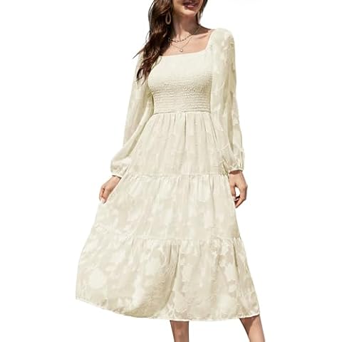 MUADRESS Women Long Sleeve Smocked Floral Flowy Dress Square Neck A Line Tiered Ruffle Swing Casual Maxi Dress Spring Party Plus Size Dress Beige L Cover