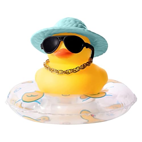 Patos de coche para salpicadero, juguetes amarillos para apretar, adornos de pato de goma, pato de natación en miniatura con collar y gafas de sol, accesorios de baño