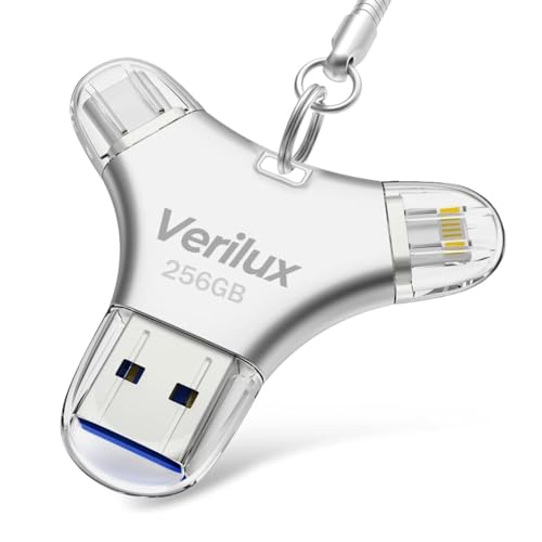 Image of Verilux Pendrive 256GB 4 in 1 Flash Drive with Light-ning, Micro USB, USB A, Type-C Interface Mini Hangable PenDrive for iOS & Android Compatible with iPhone, iPad, Android, PC and More Devices