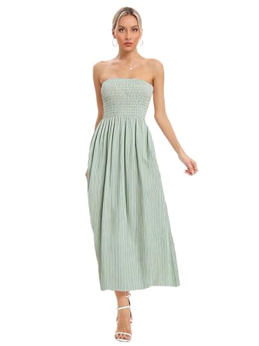 Image of Aigeman Women Strapless Tube Maxi Dress Flowy Swing Long Beach Sundress Sleeveless Boho Summer Dress with Pokets 330
