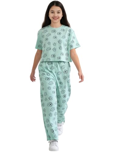 Image of Li'l Tomatoes Girls Cotton Night Suit Set | 100% Cotton Summer Co-Ord Set | Half Sleeve T-Shirt & Full Length Pajama | Soft & Breathable Printed Clothing Set | 9-16 Years