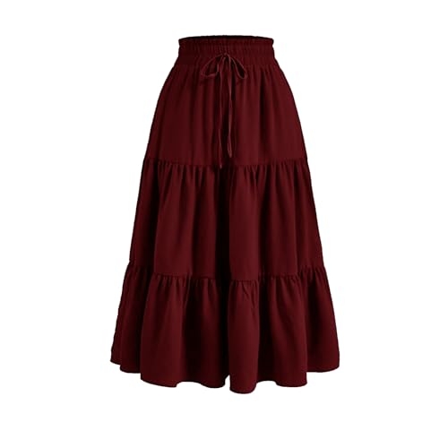 Fyrenma Women's High Waist Midi Skirt, Tiered A-Line, Burgundy, Flowy