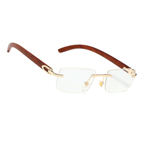 MEGAVOW Lunettes de Soleil sans Monture, Sangle de Lunettes, Lunette de Soleil avec Jambes en Bois d'imitation, Carrées Rétro Lunette pour Femmes Hommes, UV400