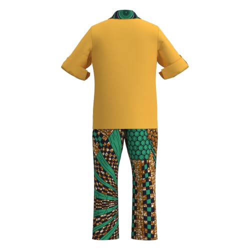 Image of XIAOHUAGUA African Clothes for Boy Kids African Outfit 2 Pcs Set Kente Print Shirt and Long Pants