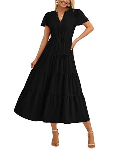 PRETTYGARDEN Women Summer Midi Dresses 2025 Casual Short Sleeve V Neck Belted Tiered Ruffle Vacation Dress with Pockets