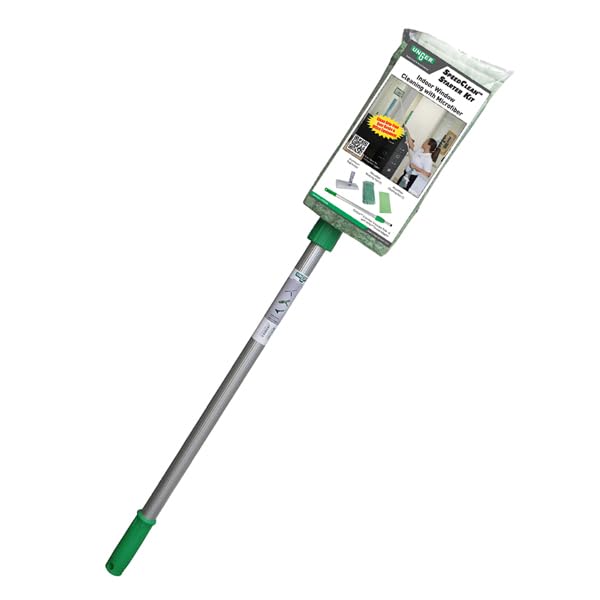 Image of Unger Commercial SpeedClean Starter Kit - Complete Indoor Window Cleaning System with 2 Microfiber Pads and 4 ft Telescopic Pole - WNK04