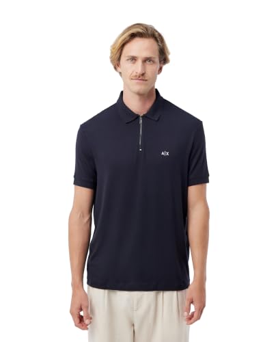 Image of Armani Exchange Men's 3D Embroidered Logo Half Silver Zip Polo Shirt, Blue, M