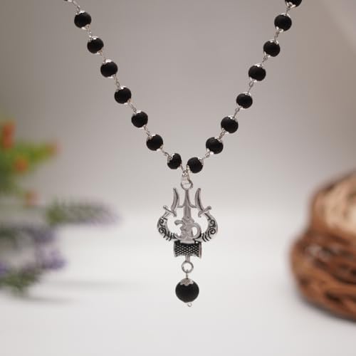 Image of Karungali Black Bead Necklace with Shiva Trishool Pendant | Spiritual Protection Necklace for Men & Women | Authentic Handmade Unisex Spiritual Mala for Energy Balancing & Positivity | Authenticity Certificate Included