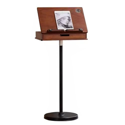 Soporte ajustable para libros de lectura de suelo con cajón de almacenamiento, soporte manos libres para laptop/tablet para libros de cocina, partituras, altura (67-116 cm), ángulo de mesa ajustable