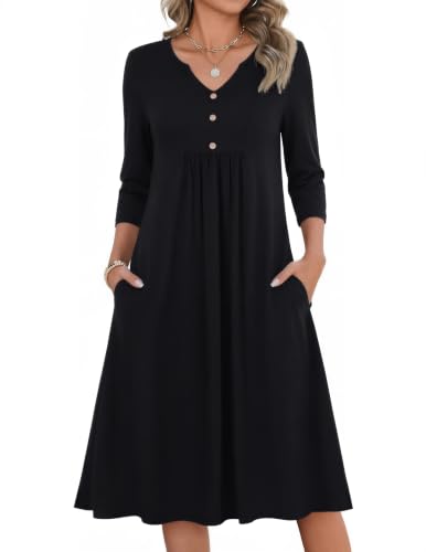 Image of Zeagoo Womens Dresses 3 /4 Sleeve Casual Fall A Line Midi Dress with Pockets
