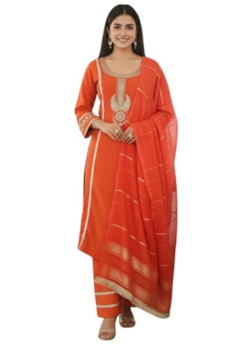 Image of GRECIILOOKS Kurta Sets for Woman | Kurti Set | Women's 3 Piece Dupatta Set | Silk Cotton Kurta Sets for Woman | Elegant Suit Set for Women Cotton | Women Kurta with Dupatta Cotton