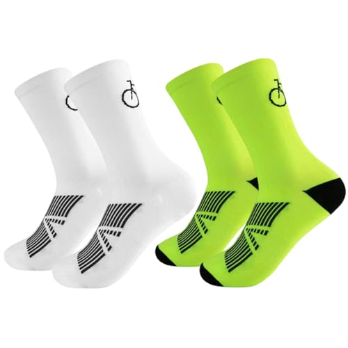 Calze da ciclismo per uomo e donna 2 Paia Calze da corsa traspiranti per bici da corsaTraspiranti Adatto MTB Spinning Corsa, Palestra（Bianco, verde fluorescente）